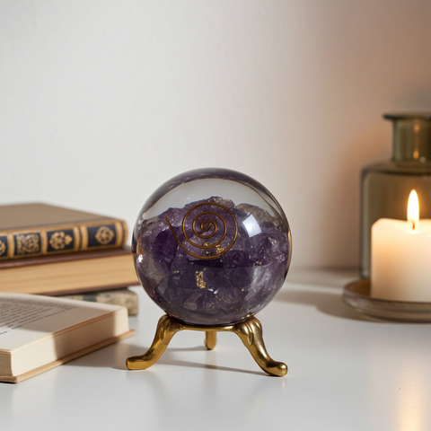 Amethyst orgonite crystal ball sphere for chakra balancing, energy alignment, and mindful meditation.