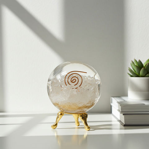 Amethyst orgonite crystal ball sphere for energy healing, meditation, and spiritual balance.