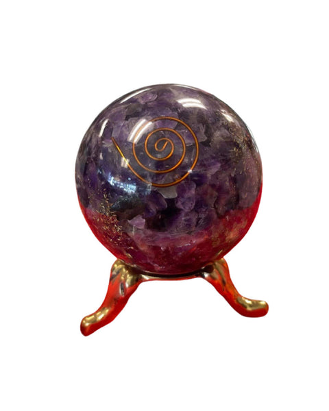Amethyst orgonite crystal ball orb for spiritual healing, chakra work, and peaceful space clearing.
