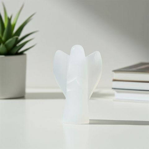 Angel Small White Selenite crystal figurine for spiritual cleansing, meditation, and energy healing use.
