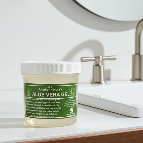 Jar of aloe vera gel on a bathroom counter with a mirror in the background