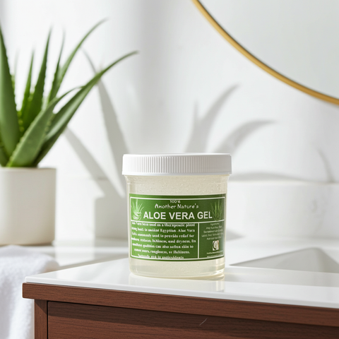 Jar of aloe vera gel on a table with a plant in the background