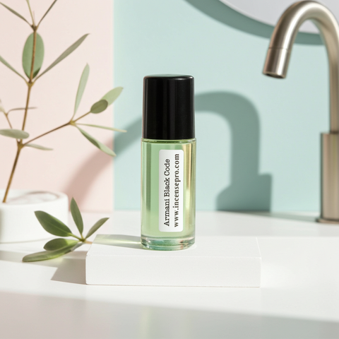 Armani Black Code moisturizing body oil bottle for men for softening skin, adding fragrance, and post-shower use.