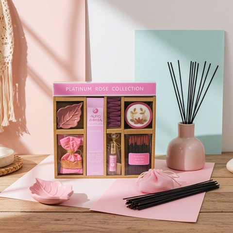 Aromatherapy care package with essential oils and candlelight-inspired relaxation items.