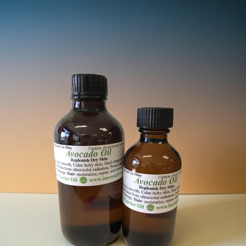 Bottle of avocado carrier oil for skincare, massage, and hair care use.