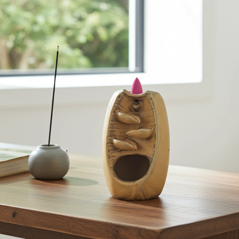 Brown leaf backflow incense burner with cascading smoke waterfall design
