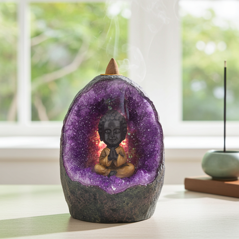 Backflow Incense Burner Buddha in Crystal Cave resin burner for cascading incense cone use, meditation, and spiritual home decor.