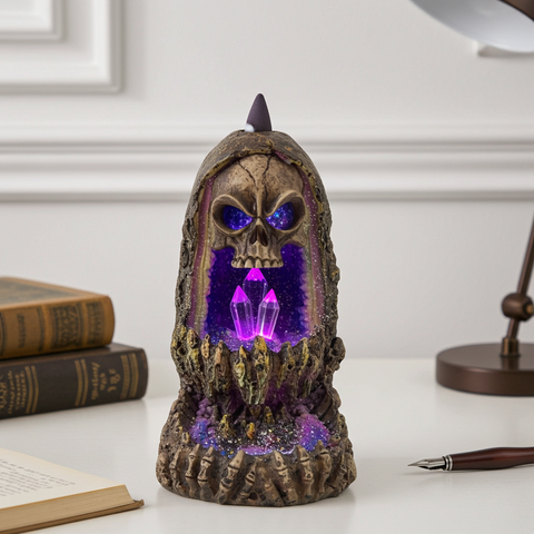 Backflow Incense Burner Crystal Cave & Skull resin burner for cascading incense smoke display, gothic decor, and meditation use.
