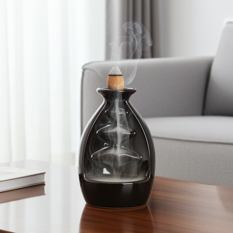 Backflow incense tower burner with downward flowing smoke