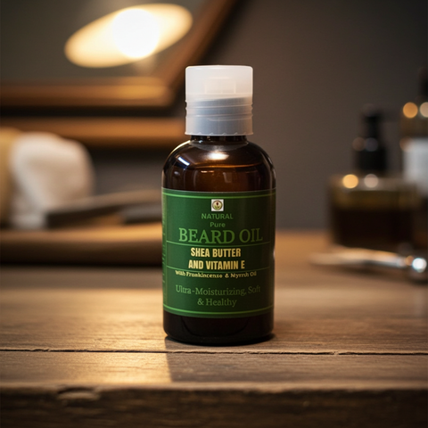 Beard oil with shea butter and vitamin E for soft, nourished facial hair.