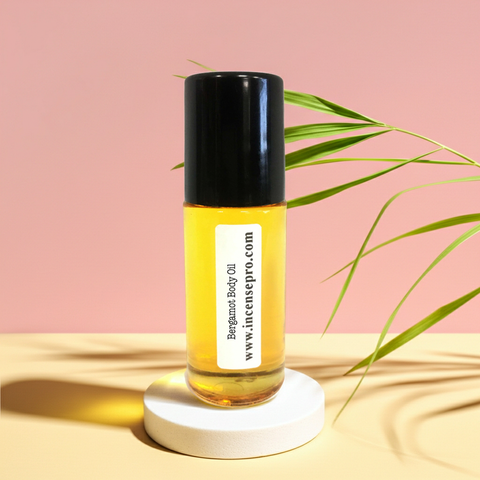 Bergamot body oil bottle for nourishing dry skin, locking in moisture, and smooth body care.