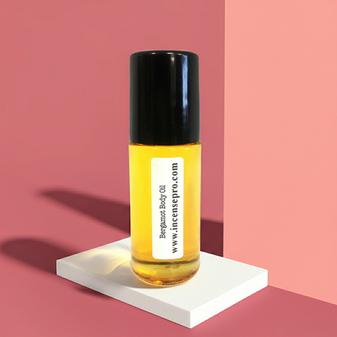 Bergamot body oil bottle for hydrating dry skin, softening the body, and everyday skincare use.