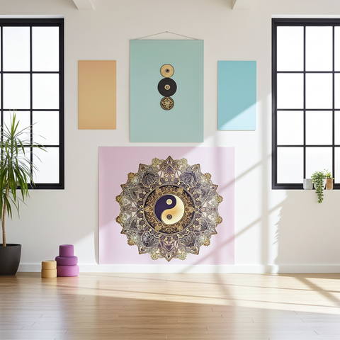 Black and white tapestry with yin yang symbol surrounded by elegant mandala artwork.