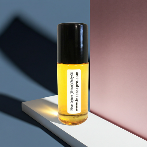 Black Opium scented body oil bottle for daily skin nourishment and unisex fragrance wear.