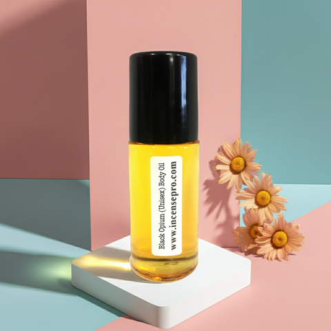 Black Opium unisex body oil bottle for moisturizing skin and adding a long-lasting fragrance.