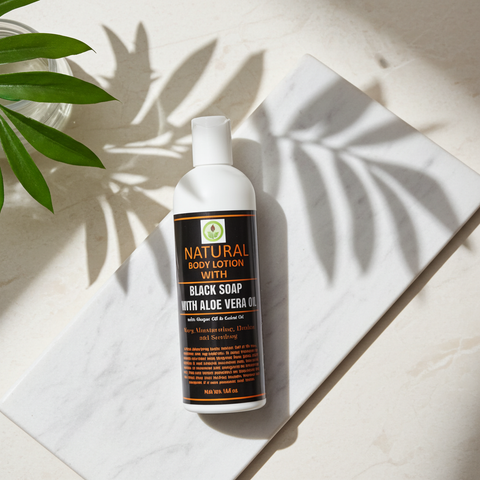 Black soap lotion with aloe vera in a cosmetic bottle for skin care use.