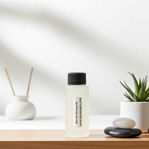 Blue Nile Burning Oil premium aromatic fragrance for oil burners, creating a fresh, clean, and relaxing atmosphere.