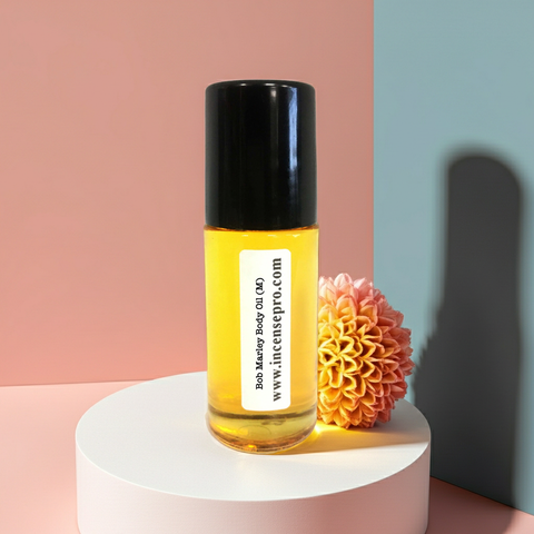 Bob Marley body oil with male scent in a bottle for skin nourishment, light fragrance, and routine body care.