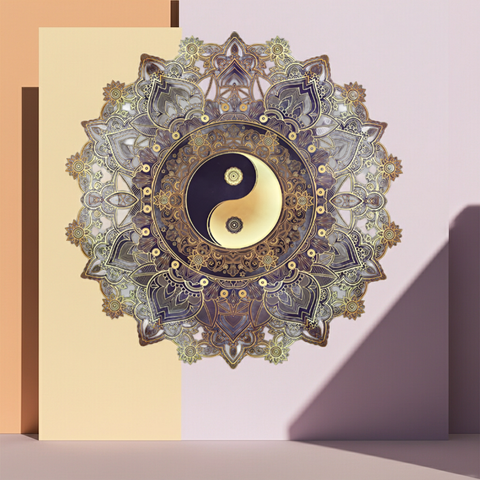 Bohemian style yin yang tapestry featuring a symmetrical mandala design.