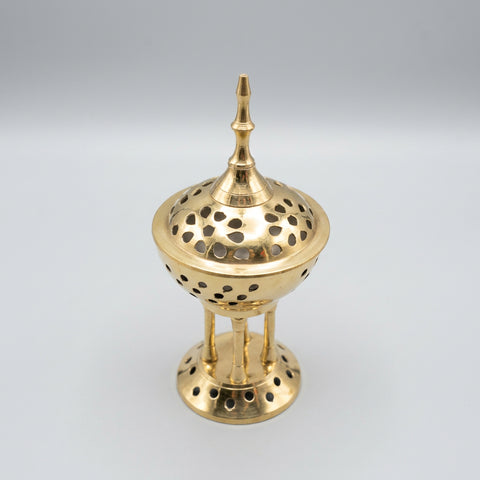 Brass Greek pedestal incense burner with lid removed showing bowl, view 2