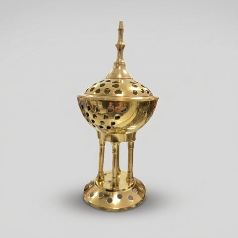 Brass Greek pedestal incense burner with lid on, front view