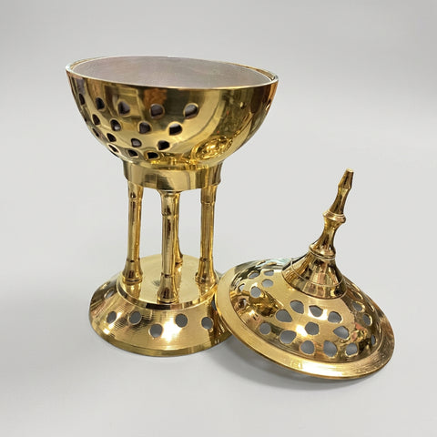 Brass Greek pedestal incense burner with open lid, view 4