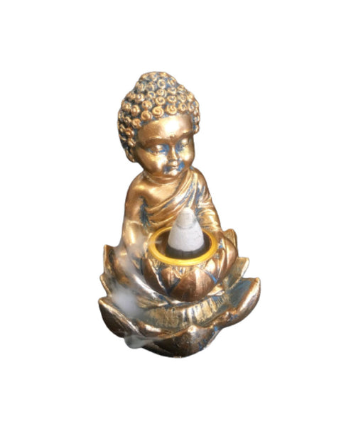 Buddha backflow incense burner with antique bronze finish and flowing mist display