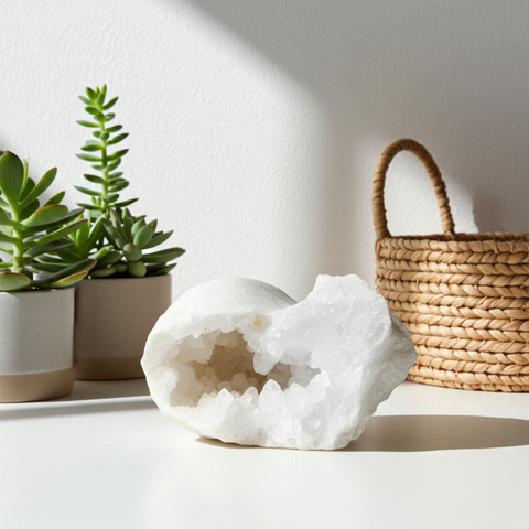 Calcite Geode White healing crystal stone for spiritual practice, energy cleansing, and decorative display.