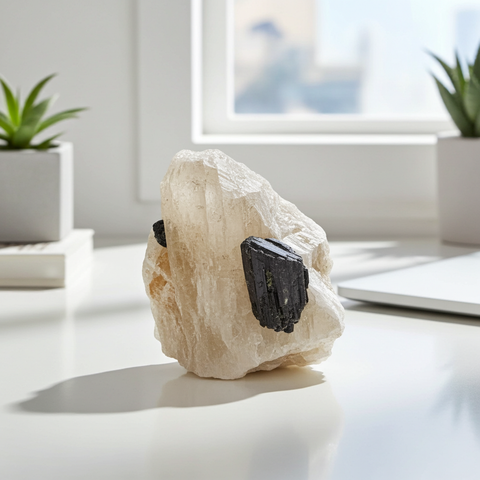 Calcite Tourmaline crystal cluster raw stone for home décor, gemstone display, and metaphysical use.