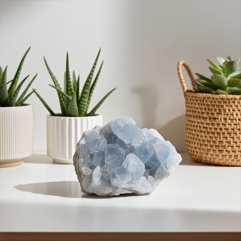 Celestite Cluster natural crystal stone for meditation, calming energy, and home decor display.
