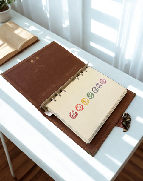 Journal with 7 chakra notebook for spiritual writing, meditation tracking, and self-care journaling.