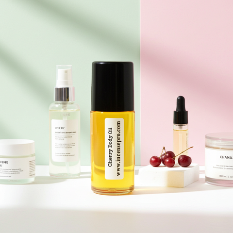 Cherry Body Oil unisex scented body oil bottle for nourishing skin and adding a fresh cherry fragrance after bathing.