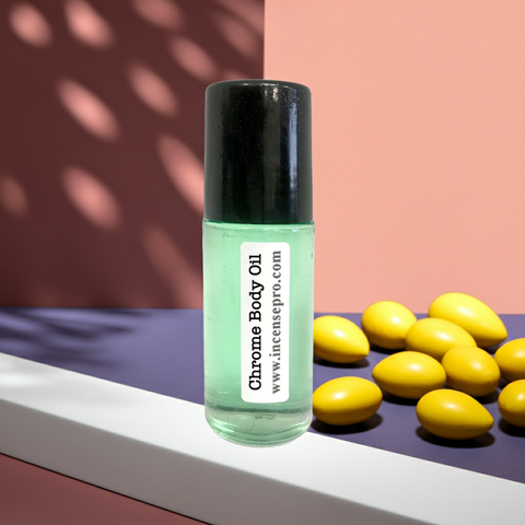 Chrome M body oil bottle for everyday grooming, refreshing fragrance application, and signature scent use.