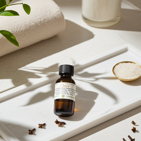 Clove essential oil bottle with aromatic clove buds for aromatherapy