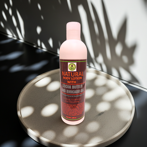 Body lotion made with cocoa butter and avocado oil in a moisturizing skincare bottle.