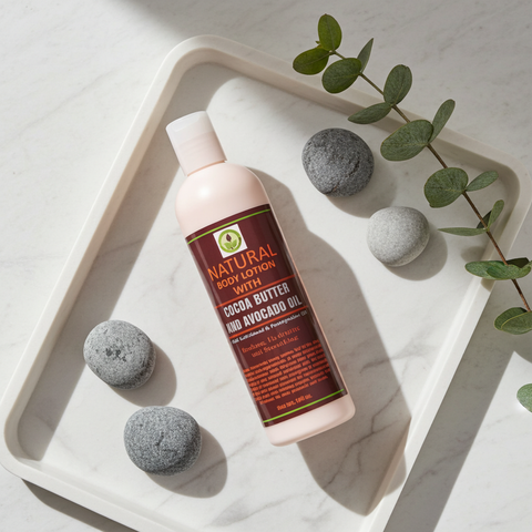 Skin softening lotion with cocoa butter and avocado oil designed to smooth dry skin.