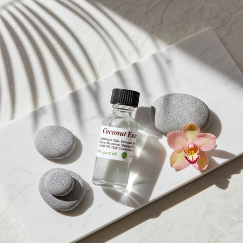 Coconut essential oil in a bottle for natural aromatherapy and tropical coconut fragrance