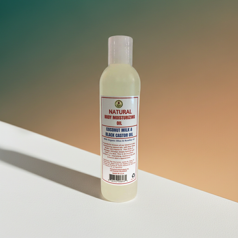 Natural body moisturizing oil with coconut milk and black castor for soft skin.