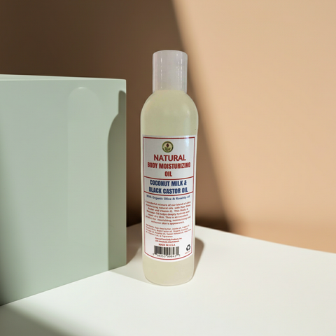 Hydrating body oil infused with coconut milk and black castor ingredients.