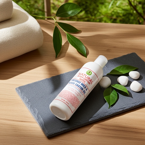 Moisturizing lotion with coconut milk and black castor oil for soft skin.