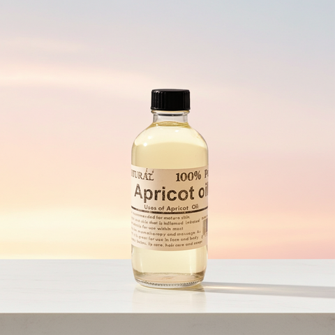 Cold pressed apricot carrier oil in a cosmetic bottle for natural skin nourishment.