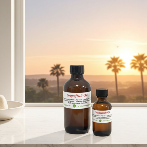 Cold pressed grapefruit carrier oil bottle shown with a fresh and natural look.