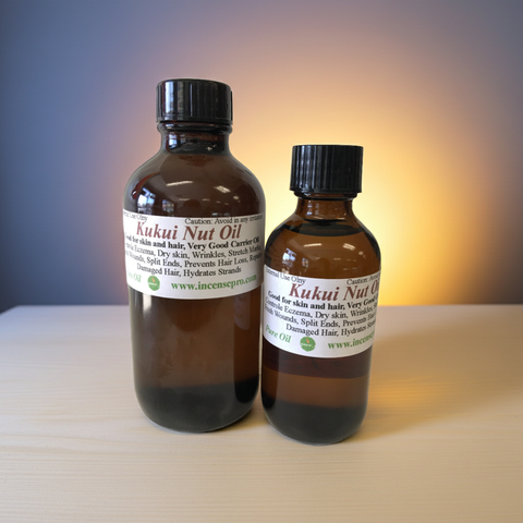 Cold pressed kukui nut carrier oil ideal for softening and moisturizing skin.