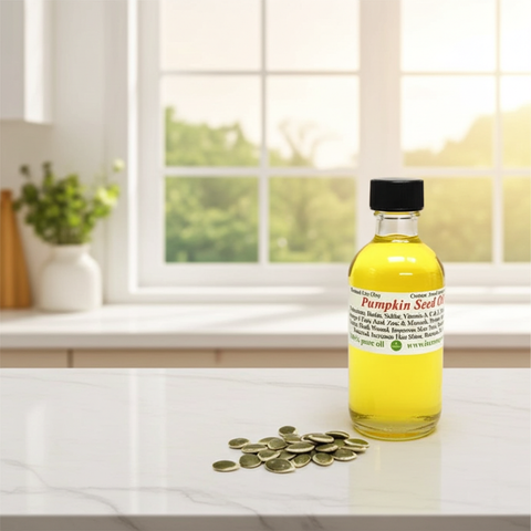 Cold pressed pumpking seed carrier oil bottle shown for product presentation.