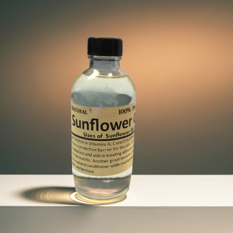 Close-up of cold pressed sunflower carrier oil in a glass bottle.