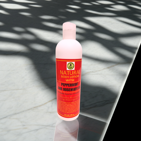 Cooling lotion with peppermint and rosemary oil designed for soothing and hydrating skin.