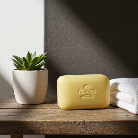 Creamy artisan mango butter soap bar with a rich and soothing lather.