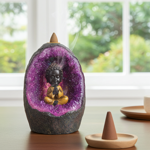 Crystal Cave Buddha backflow incense burner figurine for incense cone burning, calming ambiance, and mindful meditation.