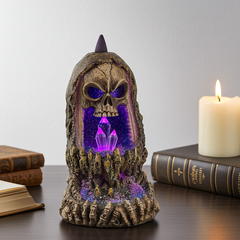 Crystal Cave & Skull backflow incense burner sculpture for flowing smoke effect, altar decor, and relaxation rituals.