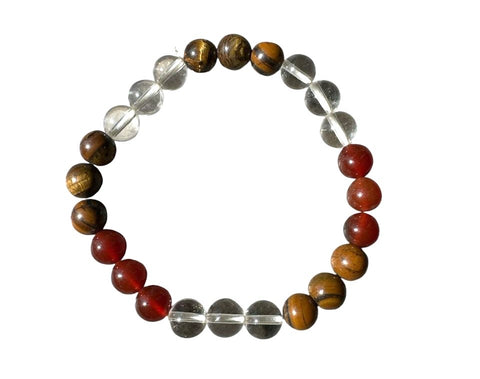 Sanctuary crystal healing bracelet with Tiger’s Eye, Carnelian, and Clear Quartz beads for meditation, balance, and uplifting daily wear.